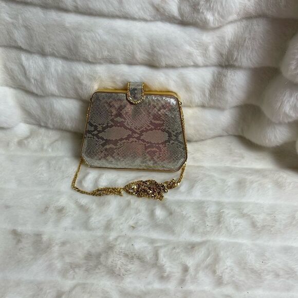 Sondra Roberts gold metallic faux snake skin box clutch with shoulder st… - Picture 1 of 9